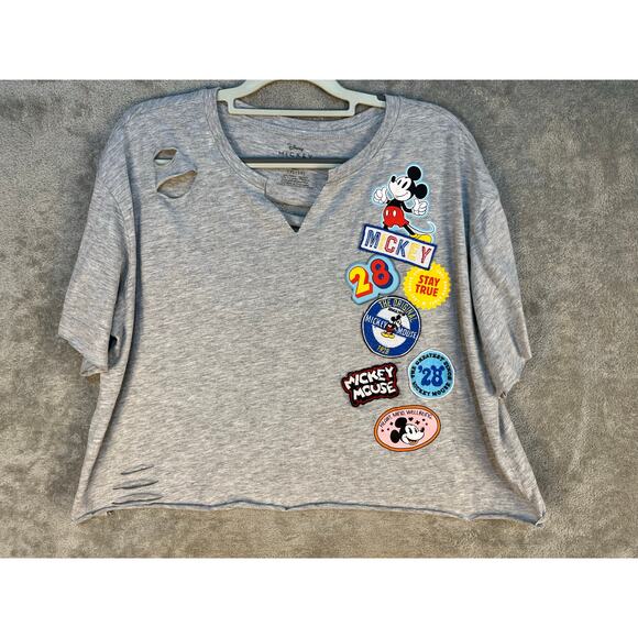 Upcycled Disney Mickey Mouse Shirt Juniors 3X Gray Patches Cut Up Festival - Picture 1 of 8